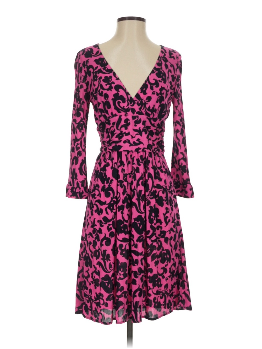 Milly New York 100% Silk Pink Black Graphic Scroll Faux Wrap V Neck Midi Dress